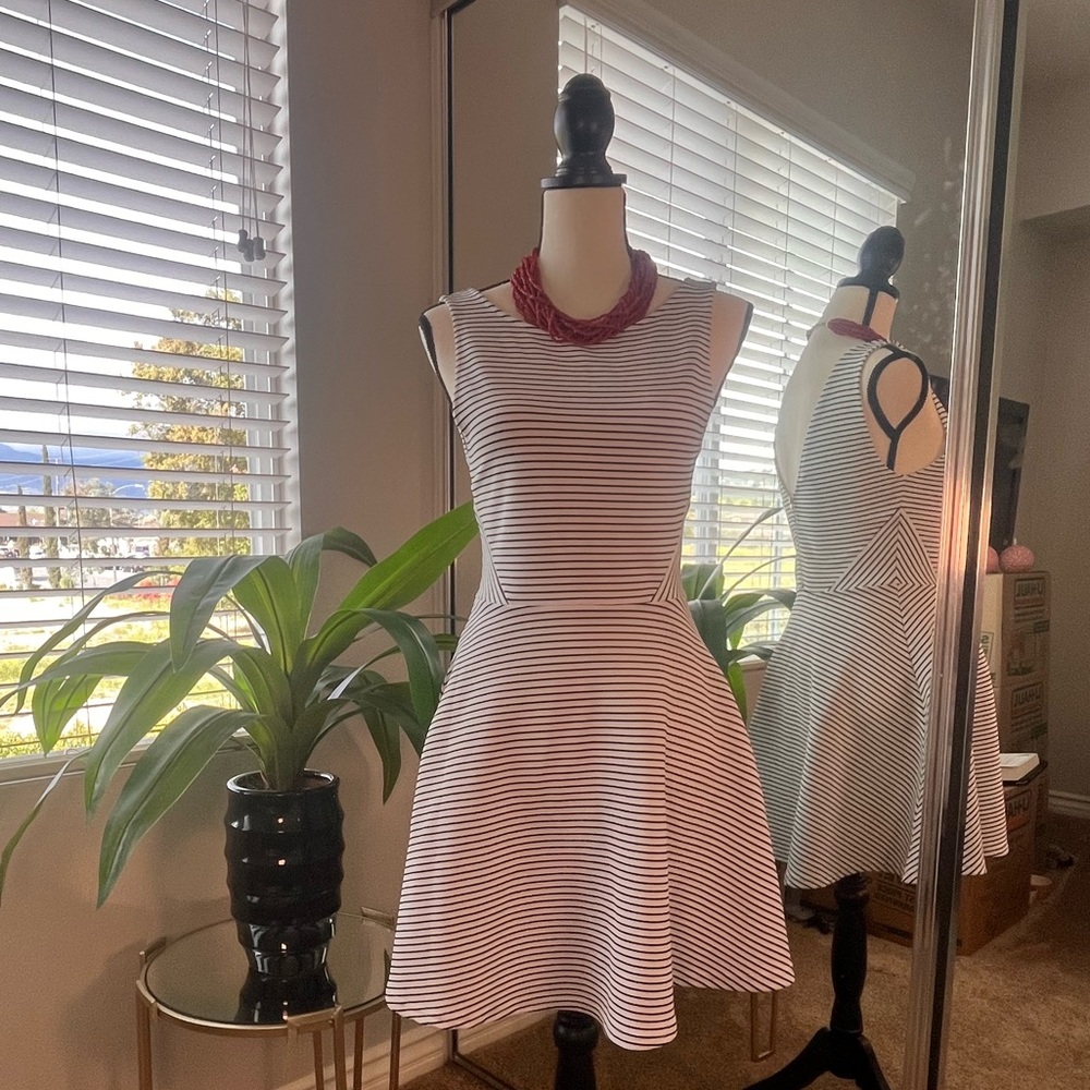 H&M Divided Striped Skater Dress White w/ Black Pinstripes S 8 NWOT